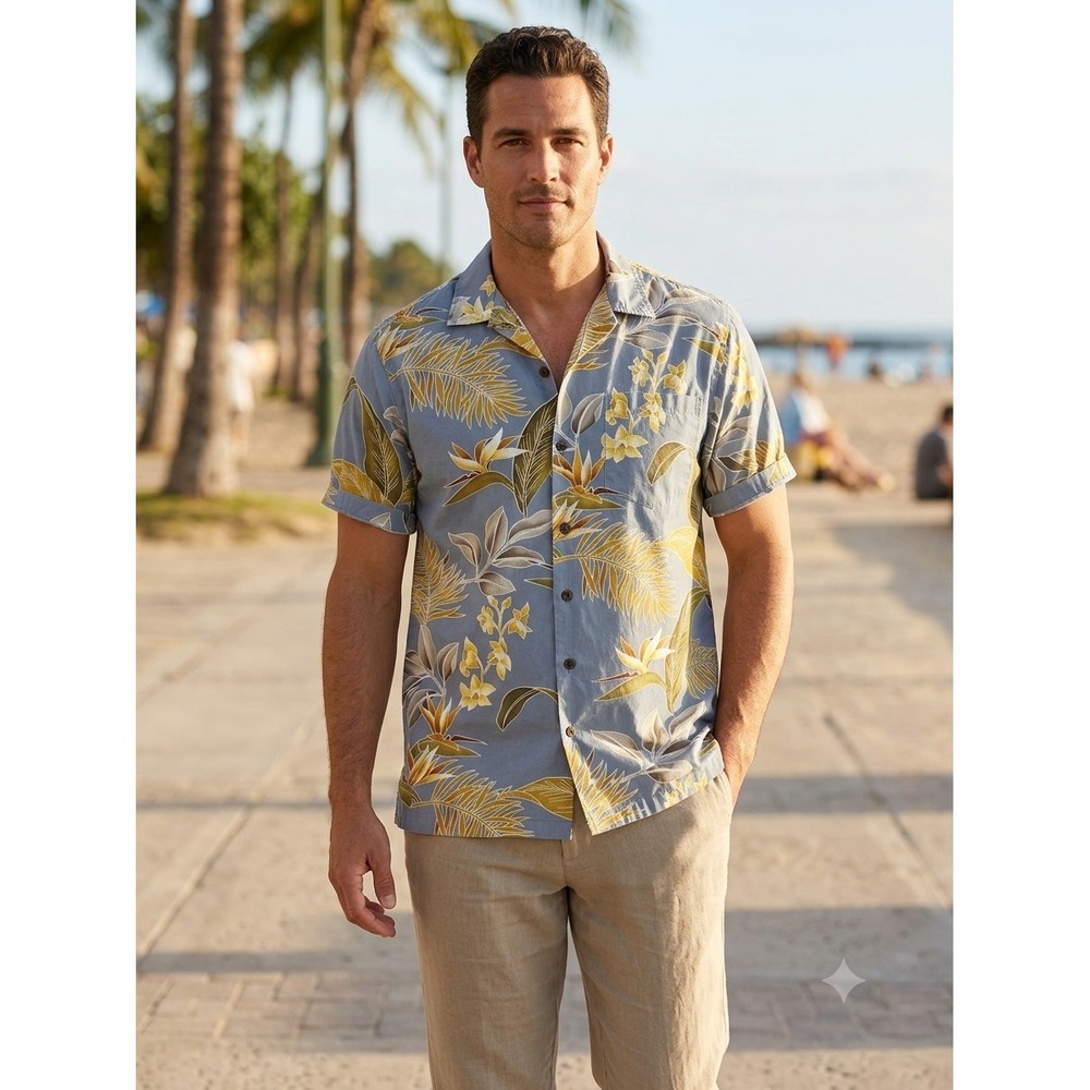 RJC Mens Hawaiian Shirt Medium Blue Tropical Bird of Paradise Cotton Made in USA